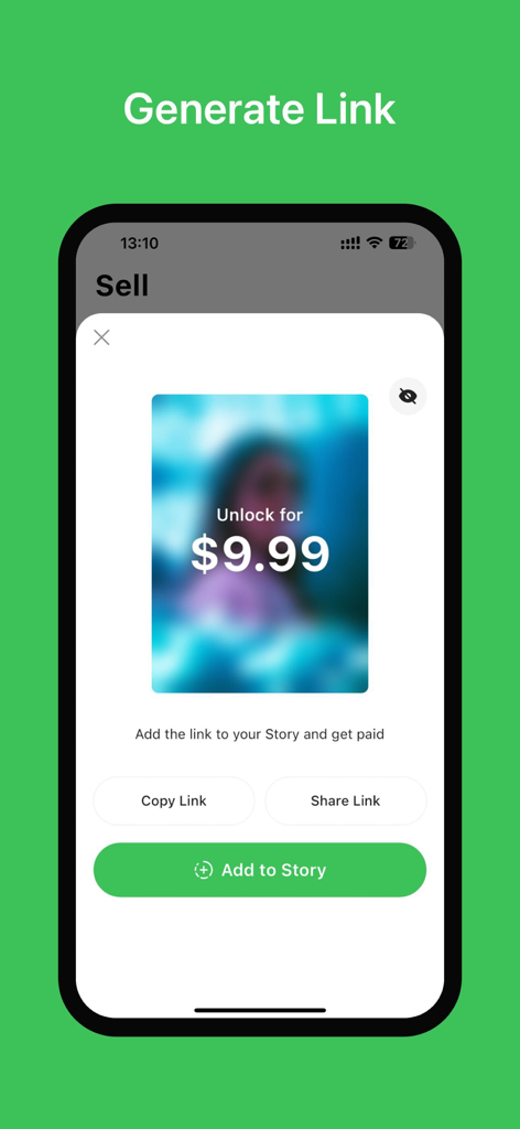 Silcoo 앱 인터페이스에 9.99달러로 디지털 콘텐츠 잠금 해제 링크가 생성되어 있으며, 소셜 미디어로 복사하거나 공유하는 옵션이 있습니다.