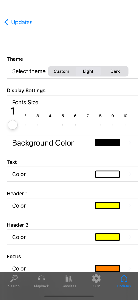 Ecrã de definições de visualização do KraKal Reader para tamanho de letra e personalização de cores de alto contraste