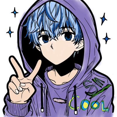 teenage manga boy in a hoodie, doing ✌