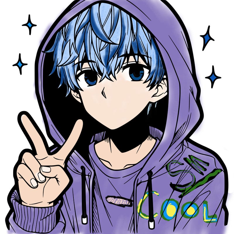 teenage manga boy in a hoodie, doing ✌