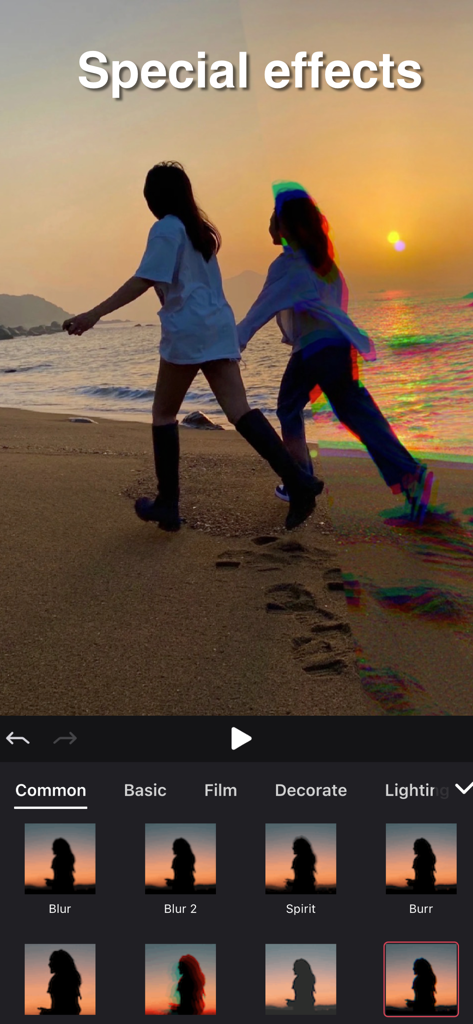 Interface of Silhouette video editing app showing special effects like Spirit and Burr applied to a beach sunset video.
