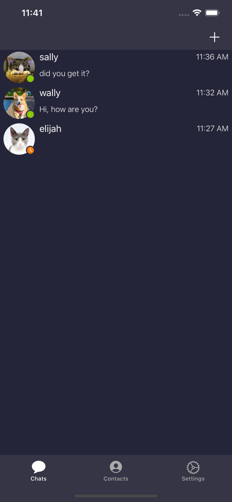 Siskin IM - Siskin IM chat list screen showing active conversations with contact avatars and online status indicators.