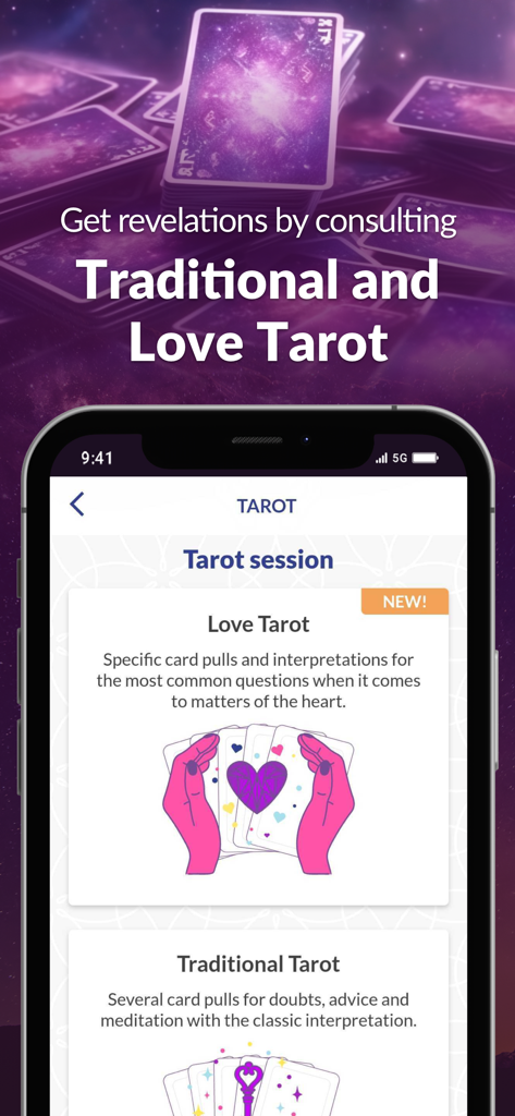 Astrolink: Do your Birth Chart - A mobile interface showing options for love and traditional tarot readings within the Astrolink app.