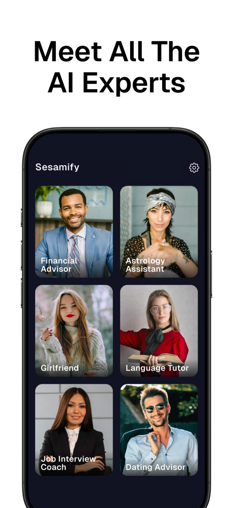 Screenshot of the Sesame AI app interface showing a variety of AI character personas like Financial Advisor and Language Tutor available for chat.
