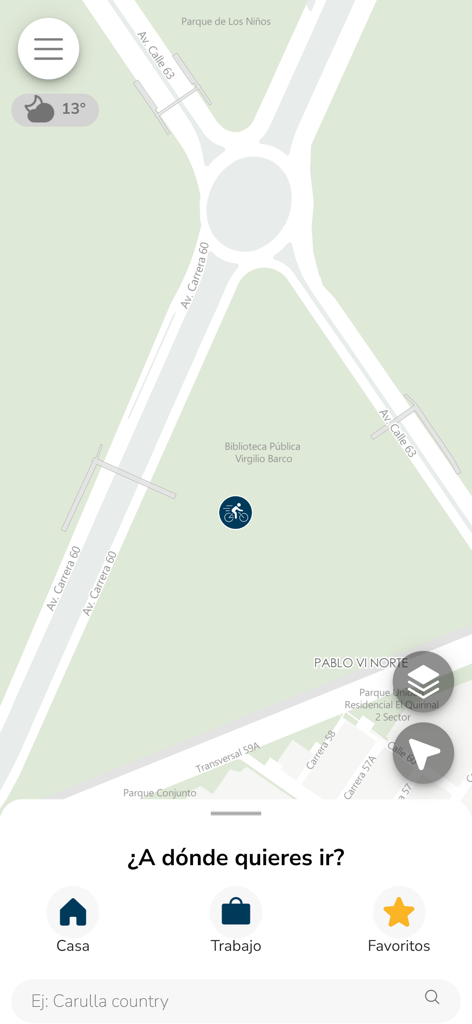 Mapas Bogota Bici app interface showing a map of Bogota with a navigation search menu and quick access buttons for home and work