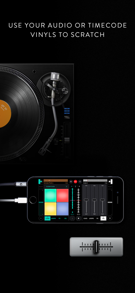 Mixfader dj app - Mixfader DJ app interface on a smartphone connected to a physical turntable and portable crossfader