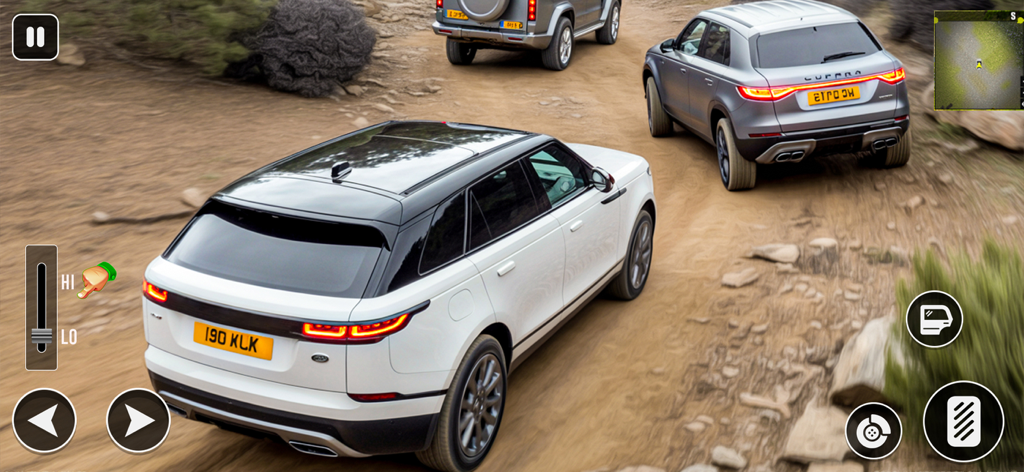 Gameplay screenshot of luxury SUVs driving on a rocky dirt path in Offroad Simulator Car Driving