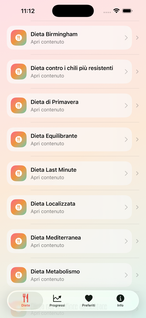 Dieta - Segreti Per Dimagrire - A list of various diet plans available in the Dieta mobile app interface including Mediterranean and Metabolism diets.