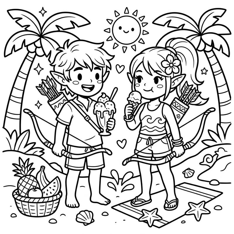Embark on a delightful summer adventure with our Elven Archers coloring page! This charming scene captures two warrior elves taking a well-deserved break at a sunny beach, complete with ice cream and tropical vibes.