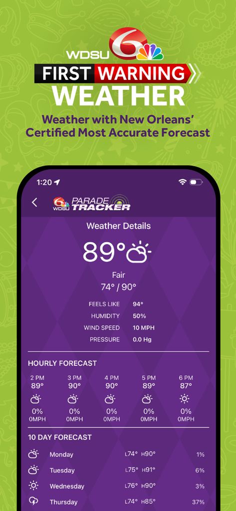 Weather details and forecast screen on the WDSU Parade Tracker mobile app.