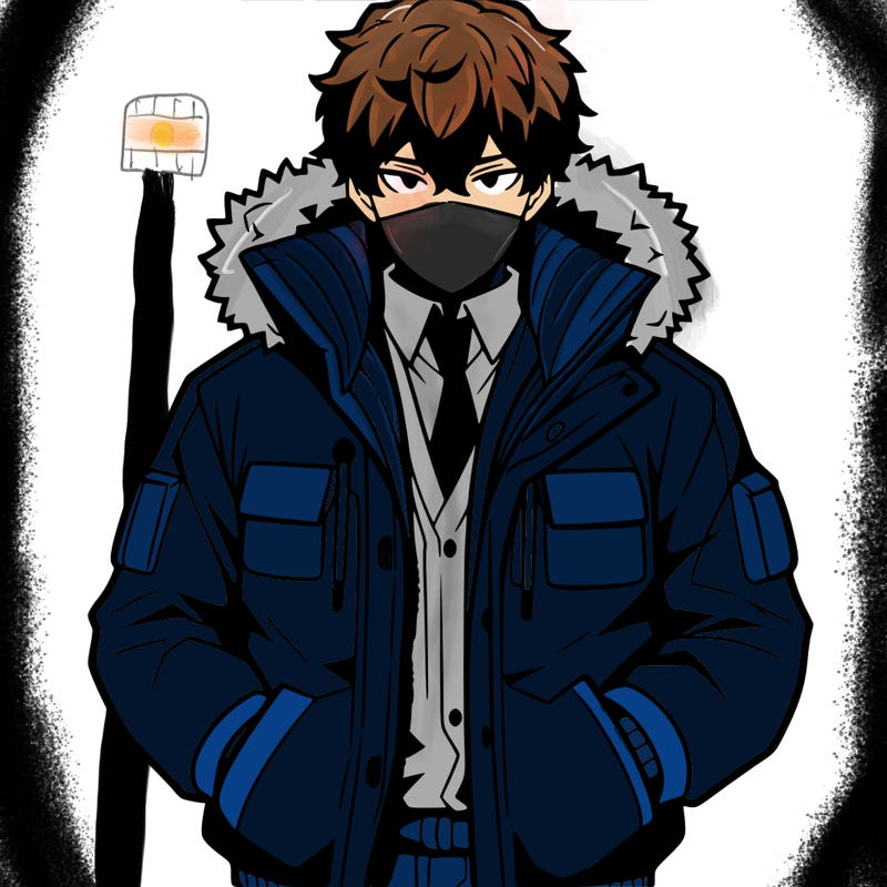 anime male, with big jacket, hands in his pockets