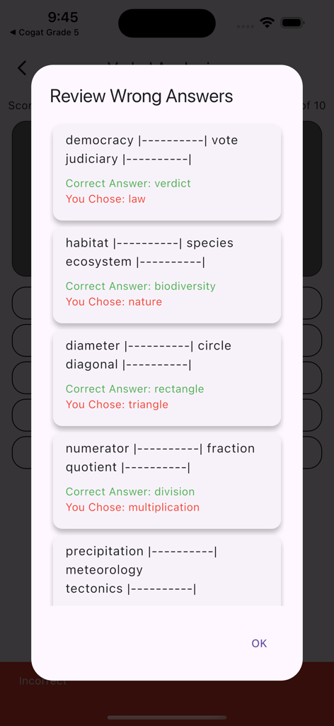 COGAT for Grade 6 - A screen in the COGAT for Grade 6 app displaying a review of wrong answers for verbal analogy questions with correct solutions and student choices.