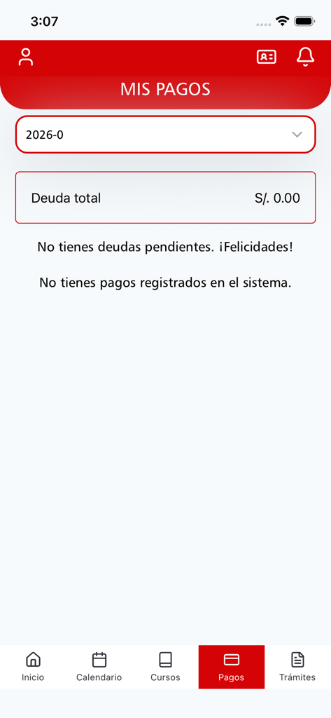 Aplicación Móvil USAT - The payments screen of the USAT mobile app showing no pending debts.