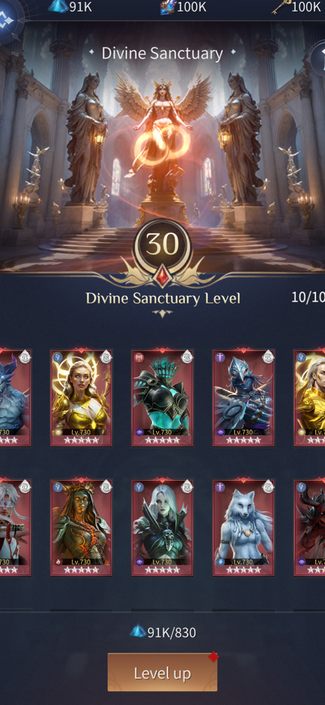 Legacy of Lithas - Divine Sanctuary interface in Legacy of Lithas showing multiple level 730 hero cards