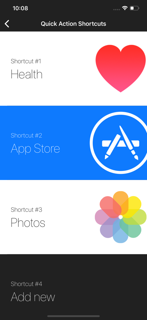 Shortcuts (Quick Open) - Health App StoreやPhotosなどのアプリショートカットのリストが表示されているインターフェース。