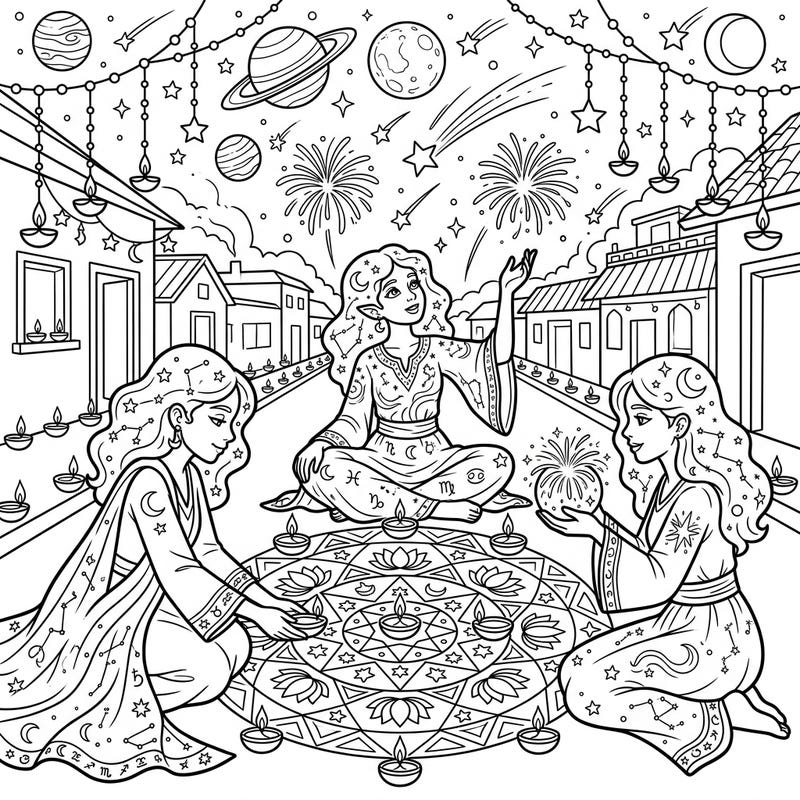 Immerse yourself in a dazzling celebration where celestial witches honor the Festival of Lights. This unique coloring page blends cosmic magic with traditional Diwali joy, featuring starry spells and radiant diyas.