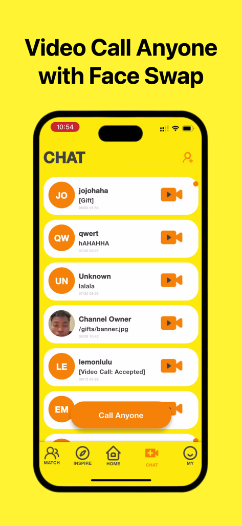 Amigo AI app interface showing a list of recent chats and a Call Anyone button for face swap video calls.