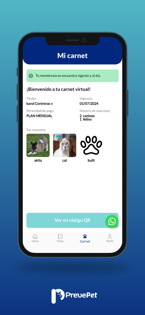 Prevepet - Bildschirm für die digitale Mitgliedskarte in der Prevepet App mit registrierten Haustieren und Mitgliedschaftsdetails