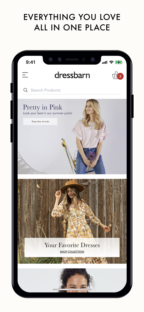 Dressbarn - Dressbarn mobile app home screen showing women's fashion collections and summer dresses.