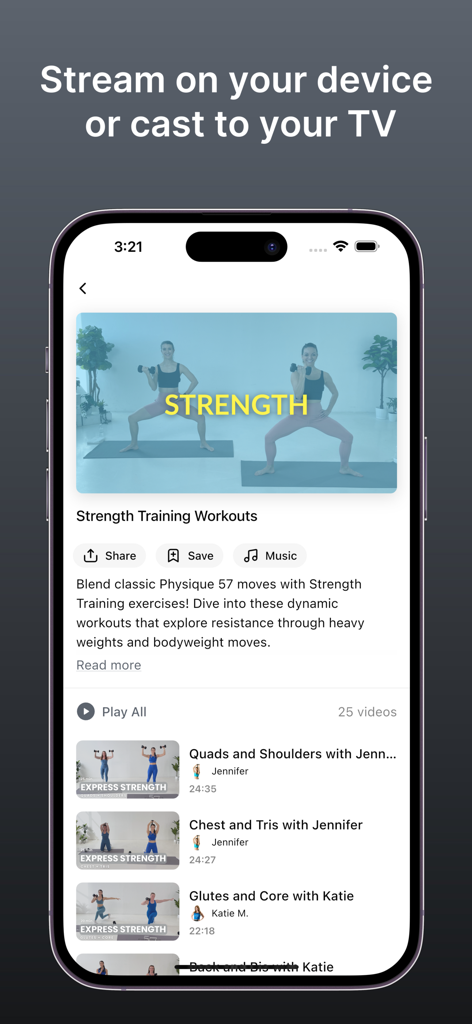 Physique 57 On Demand - Physique 57 On Demand app interface showing a list of strength training video workouts on a smartphone screen.