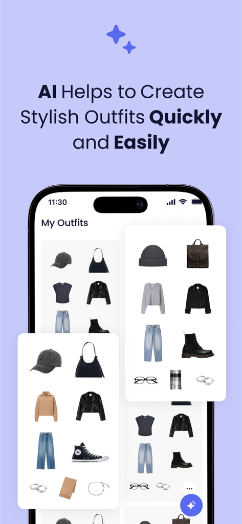 Smart Outfit: AI Stylist - Interface of the Smart Outfit app showing AI-generated stylish outfit combinations with clothing and accessories