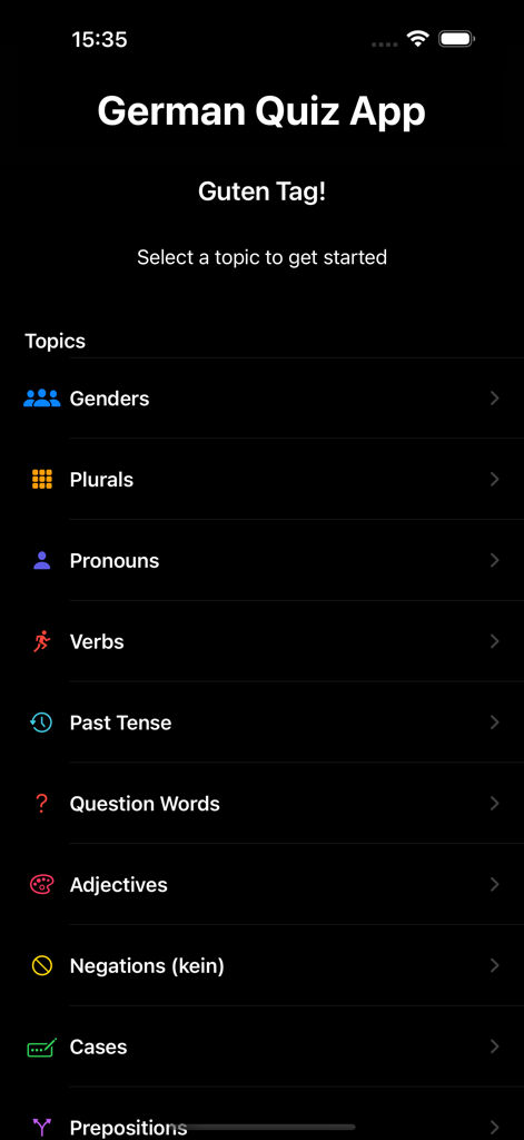 German A1 Quiz App - ドイツ語A1クイズアプリのメインメニューに、名詞の性、複数形、動詞などの文法トピックのリストが表示されています。