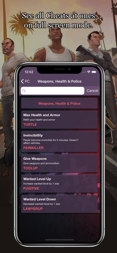 モバイルアプリのインターフェース。武器、体力、警察レベルのGTA 5 PCチートコードのリストが表示されています。