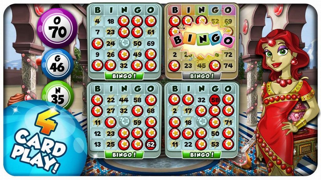 Bingo Blingo - Bingo Blingo gameplay showing four cards played at once in a jewel themed room with a female character