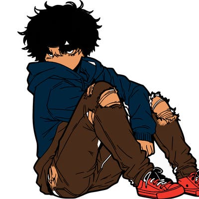 a male hoddie ripped jeans messy hair anime