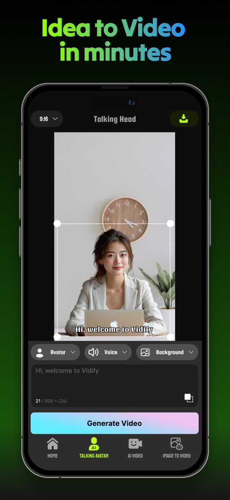 Vidify AI - AI Video Creator - Interface of Vidify AI app showing an AI avatar woman in a white blazer and the option to generate a talking head video from text.