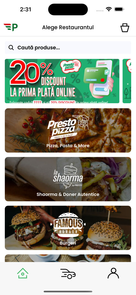 Presto Pizza mobile app home screen showing food categories for pizza shaorma and burgers with a discount banner