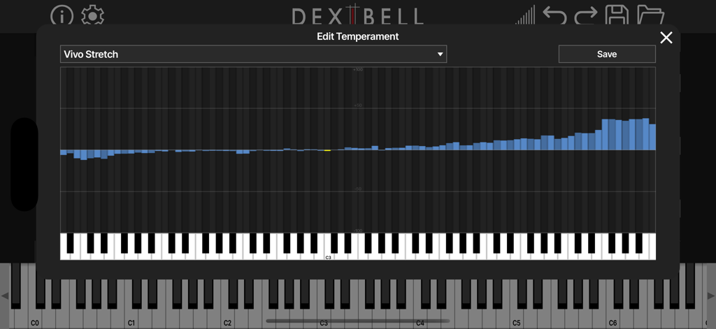 T2L Piano - Interface for editing piano temperament with a tuning curve graph in the T2L Piano app.