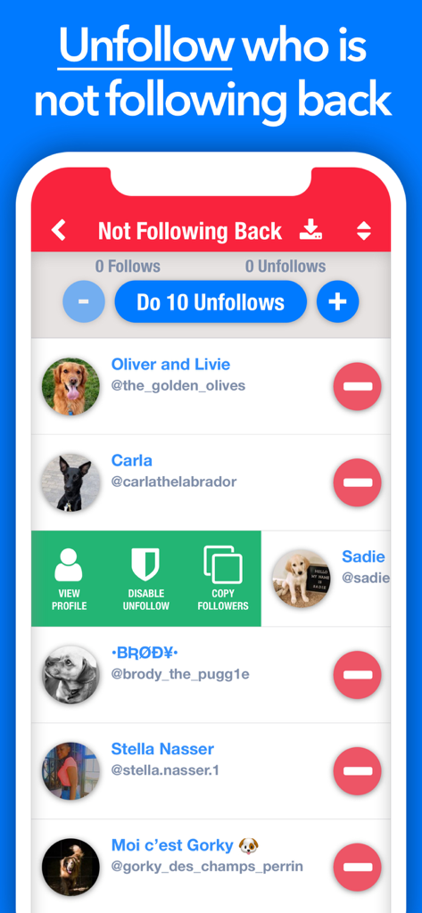 Still Followers - IG Tracker - Still Followers app screen showing a list of Instagram accounts not following back with a bulk unfollow button.
