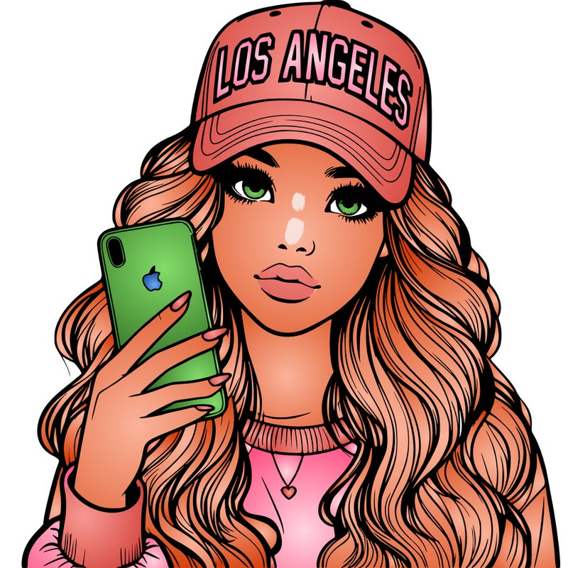 realistic beautiful girl wearing los ángeles cap holding an iphone