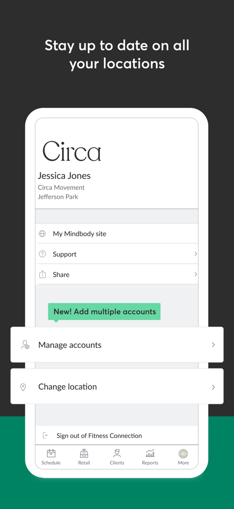 Mindbody Business - Pantalla de la aplicación Mindbody Business que muestra la gestión de múltiples ubicaciones y la configuración de la cuenta para un negocio de bienestar