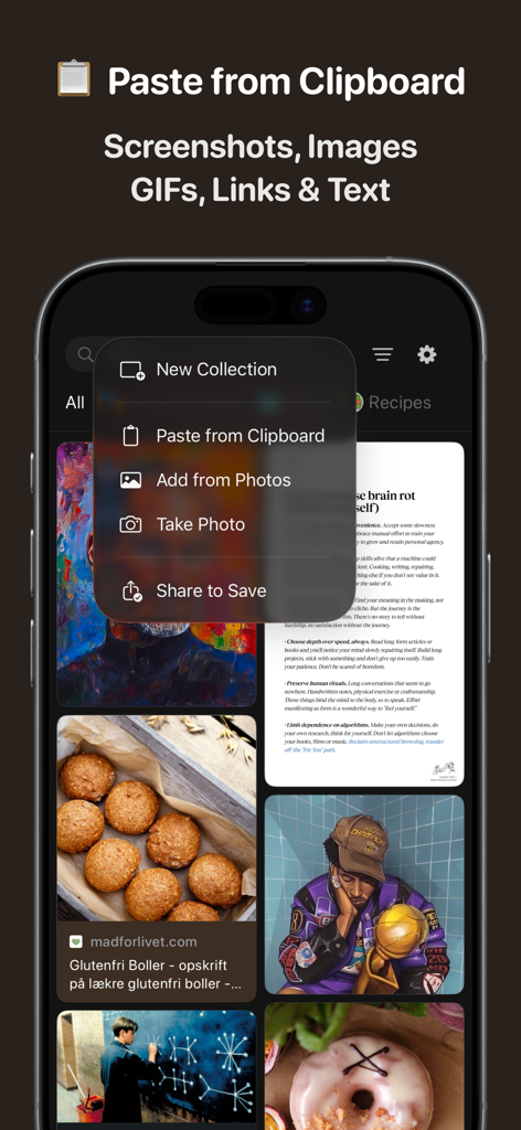 Interfaccia dell'app Nutbox per iOS che mostra il menu per incollare contenuti e una griglia curata di immagini e ricette salvate.