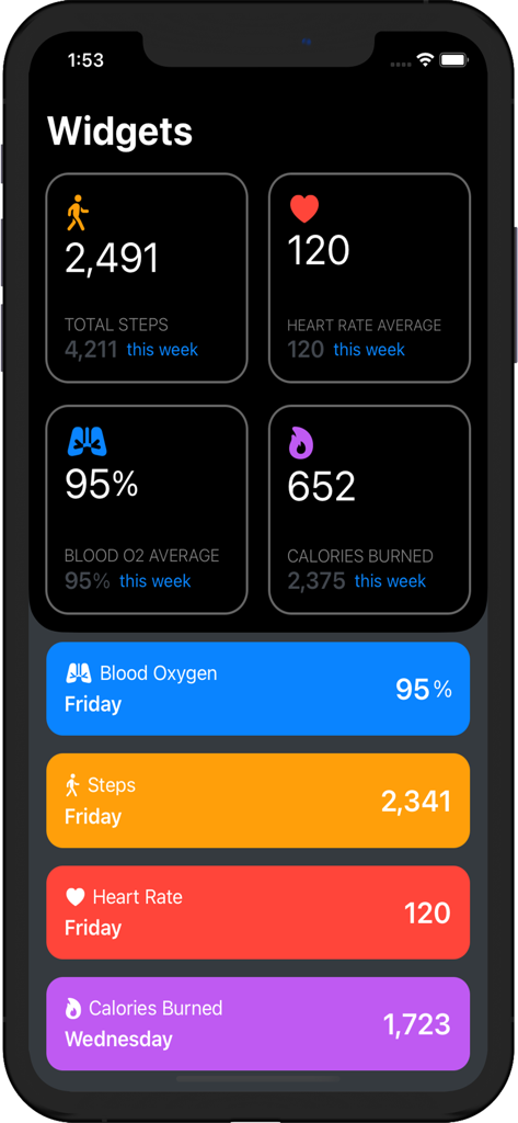 Health Widget App Pro - iPhone screen displaying customizable health widgets for steps heart rate blood oxygen and calories burned