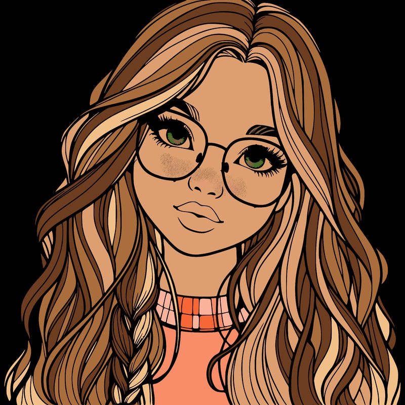 girl with long hair and freckles and glasses realistic