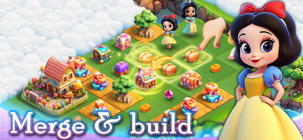 Merge Isle: Magic Princess - Gameplay of Merge Isle Magic Princess showing the merge and build mechanic with Snow White and Jasmine
