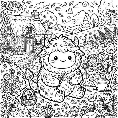 Step into a world of charm with this delightful Kawaii Cottagecore Monster coloring page. This fluffy, friendly creature is ready for your artistic touch amidst a whimsical garden setting.