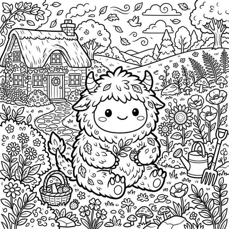 Step into a world of charm with this delightful Kawaii Cottagecore Monster coloring page. This fluffy, friendly creature is ready for your artistic touch amidst a whimsical garden setting.
