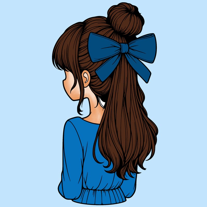 realistic girl  with hip length hair a bun and a big bow on the back of head