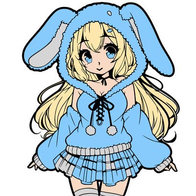 pretty anime girl wearing a fluffy hoodie with bunny ears on the hood and a skirt