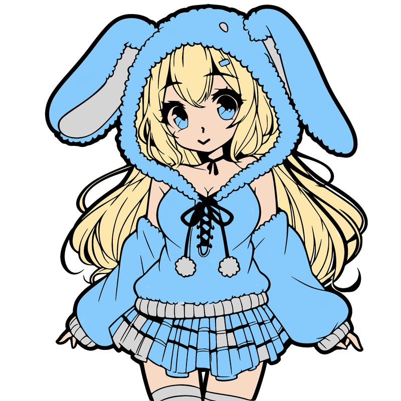pretty anime girl wearing a fluffy hoodie with bunny ears on the hood and a skirt