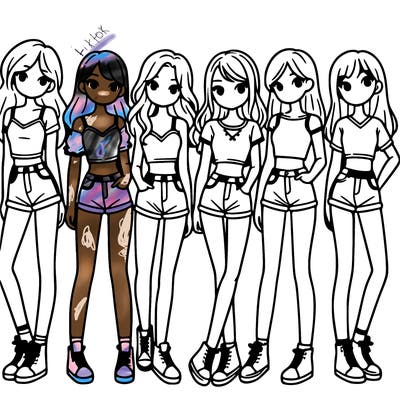 a group of girls wearing crop tops and shorts