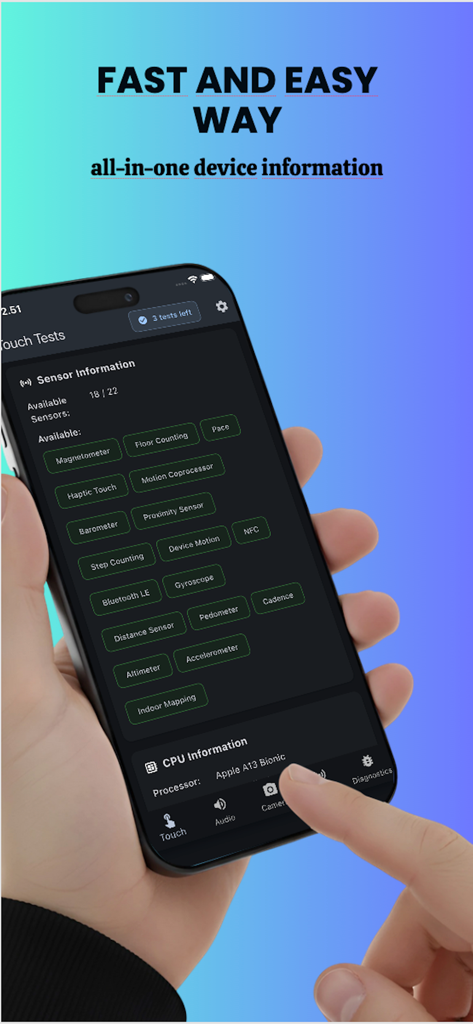 Touchscreen Test DiagX - Pantalla de iPhone que muestra información detallada de sensores y especificaciones de CPU en la aplicación Touchscreen Test DiagX