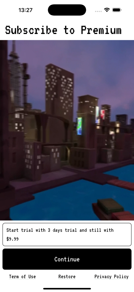 Premium-Abonnementbildschirm der Gtag Mods App mit einem Stadtkartenhintergrund und einem dreitägigen Testangebot.