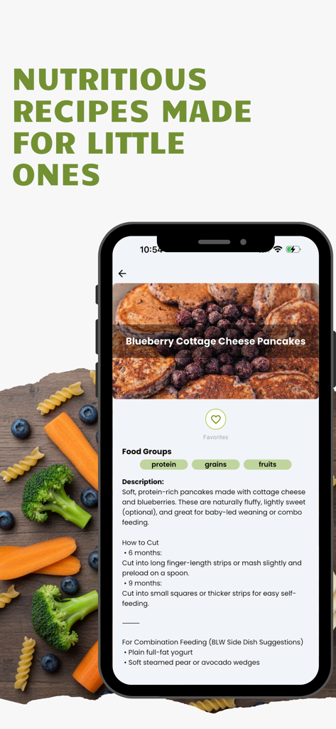 MunchMind - MunchMind app screen showing a healthy blueberry cottage cheese pancake recipe for babies with feeding instructions