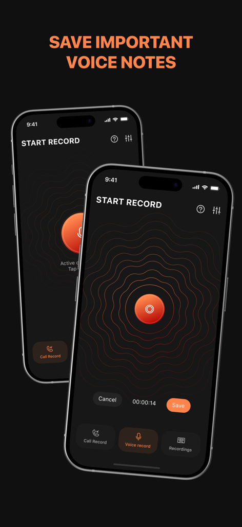 Two iPhones displaying the voice recording interface of the Call Global Recorder Max app with a large red start button and wave patterns.