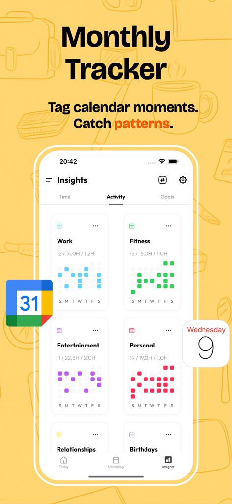 Monthly tracker dashboard in Calflow app showing activity patterns for work fitness and personal categories with heatmap grids